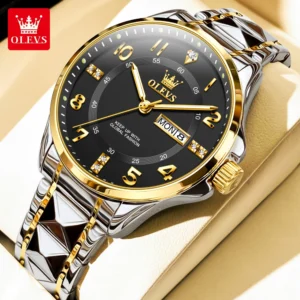 OLEVS 2910 Quartz Watch for Men Luxury Gold Diamond Digital Dial Stainless steel Strap Waterproof Wristwatch Male