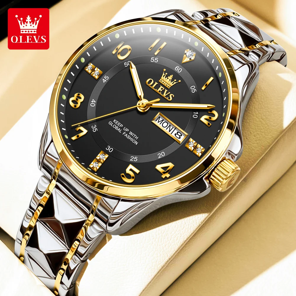 OLEVS 2910 Quartz Watch for Men Luxury Gold Diamond Digital Dial Stainless steel Strap Waterproof Wristwatch Male