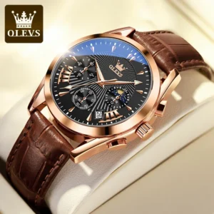OLEVS 2876 Quartz Men Wristwatches Genuine Leather Strap Watches for