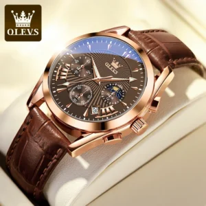 OLEVS 2876 Quartz Men Wristwatches Genuine Leather Strap Watches for