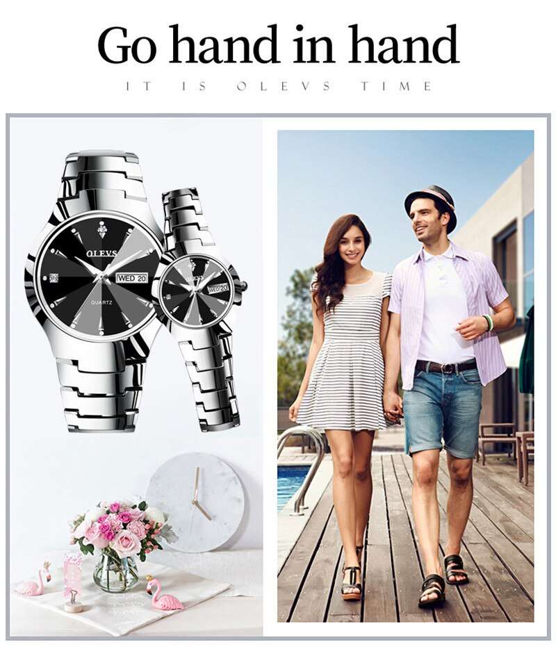OLEVS 8697 Silver Tungsten Steel Analog Wrist Watch For Couple - Image 4