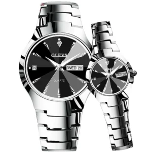 OLEVS 8697 Silver Tungsten Steel Analog Wrist Watch For Couple