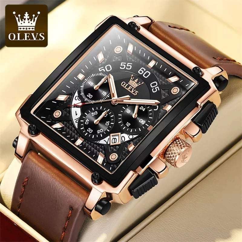 OLEVS 9919 Leather Quartz Square Fashion Watches for Men