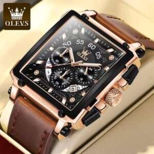 OLEVS 9919 Leather Quartz Square Fashion Watches for Men