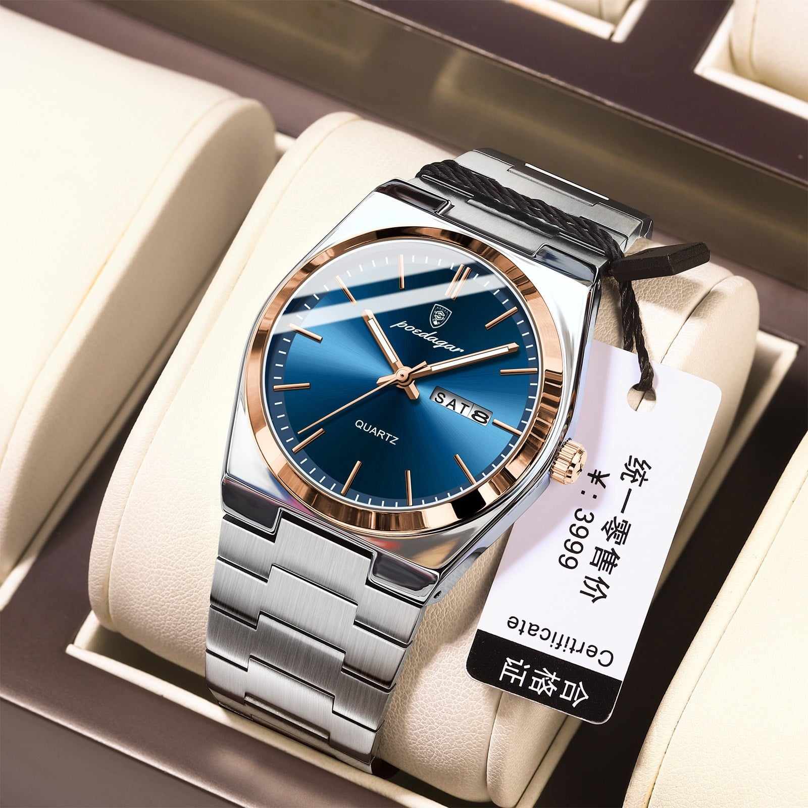 POEDAGAR 930 Men's New Luxury Luminous Date Week Stainless Steel Quartz Watch For Men