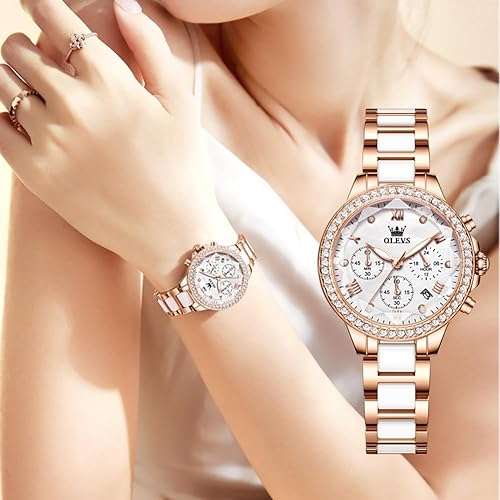 OLEVS 9999 Ceramic Steel Strap Mirror Diamond Quartz Watch For Women - Image 3