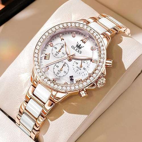 OLEVS 9999 Ceramic Steel Strap Mirror Diamond Quartz Watch For Women