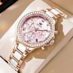 OLEVS 9999 Ceramic Steel Strap Mirror Diamond Quartz Watch For Women