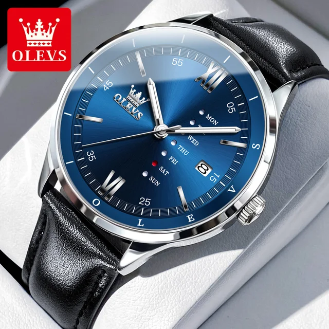 OLEVS 2931 Leather Strap Quartz Watch For Men