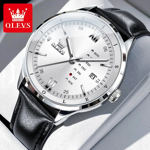 OLEVS 2931 Leather Strap Quartz Watch For Men
