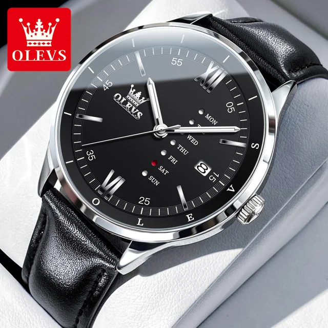 OLEVS 2931 Leather Strap Quartz Watch For Men