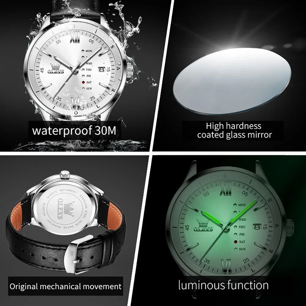 OLEVS 2931 Leather Strap Quartz Watch For Men - Image 3
