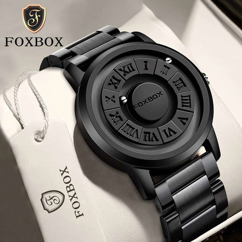 FOXBOX Mens Watches Creative Scrolling Pointer Magnetic Force Quartz Wristwatch Stainless Steel Watch For Man