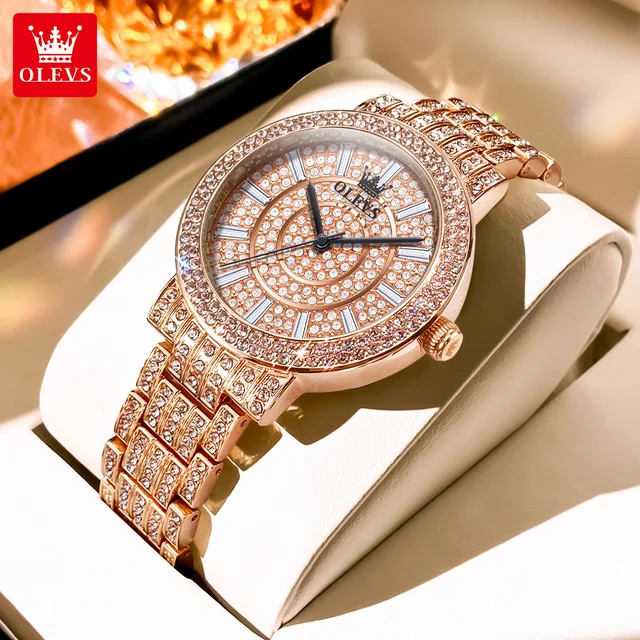 OLEVS 9904 Diamond Quartz Watch For Women Rose Gold
