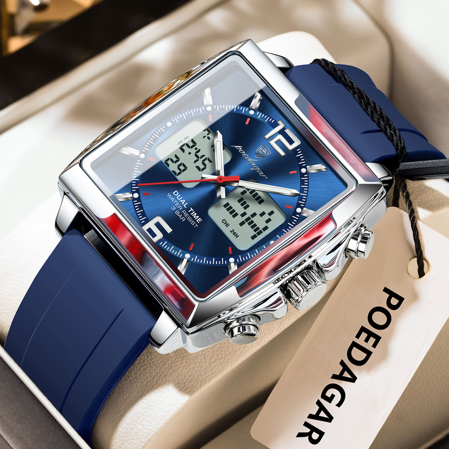 Poedagar E109 Waterproof Luminous Multifunctional Chronograph Alarm Silicone Strap Quartz Watch for Men-Blue
