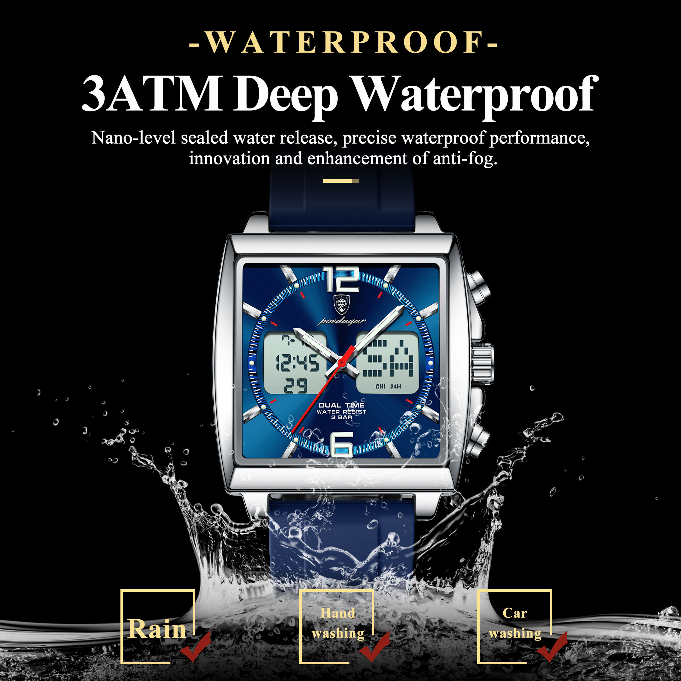 Poedagar E109 Waterproof Luminous Multifunctional Chronograph Alarm Silicone Strap Quartz Watch for Men-Blue - Image 2