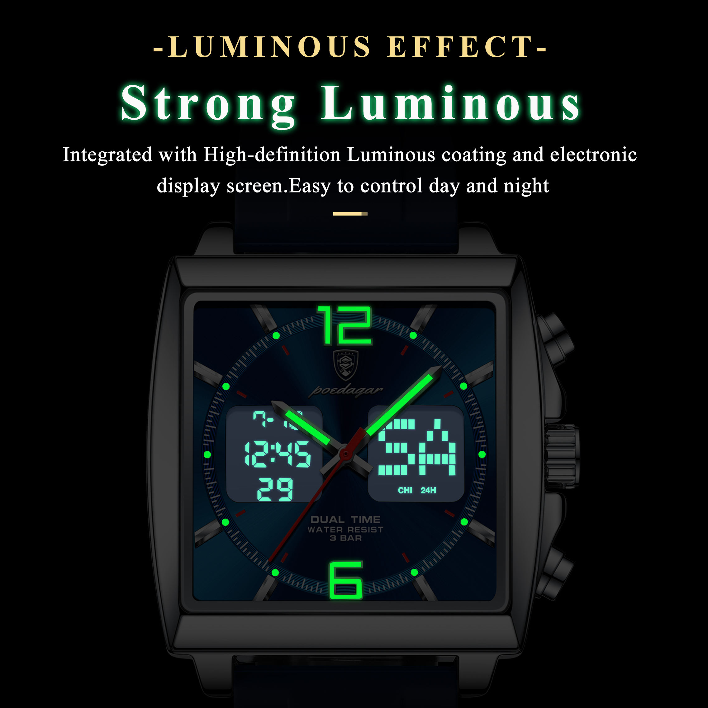 Poedagar E109 Waterproof Luminous Multifunctional Chronograph Alarm Silicone Strap Quartz Watch for Men-Blue - Image 3