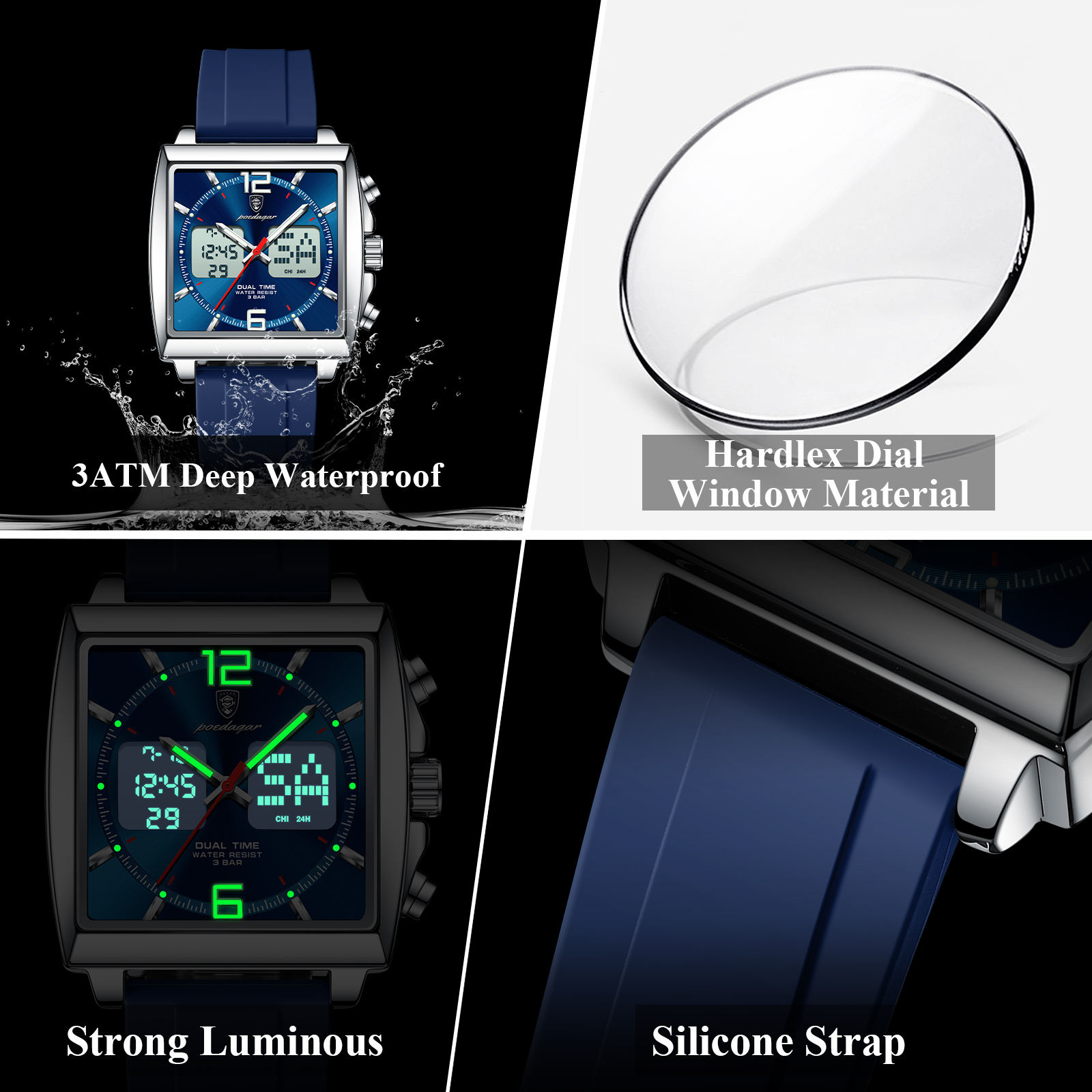 Poedagar E109 Waterproof Luminous Multifunctional Chronograph Alarm Silicone Strap Quartz Watch for Men-Blue - Image 4