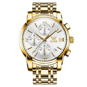 Olevs 2872G Golden Stainless Steel Chronograph Wrist Watch For Men - White & Golden