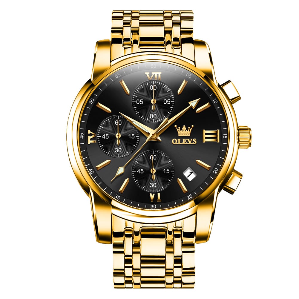 Olevs 2872G Golden Stainless Steel Chronograph Wrist Watch For Men - Black & Golden