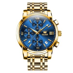 Olevs 2872G Golden Stainless Steel Chronograph Wrist Watch For Men - Blue & Golden