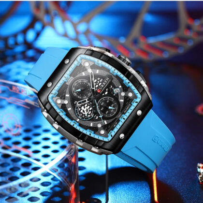 CURREN New RectangularSilicone Straps Quartz Wristwatches Men’s Watches with Auto Date Casual Chronograph Clock