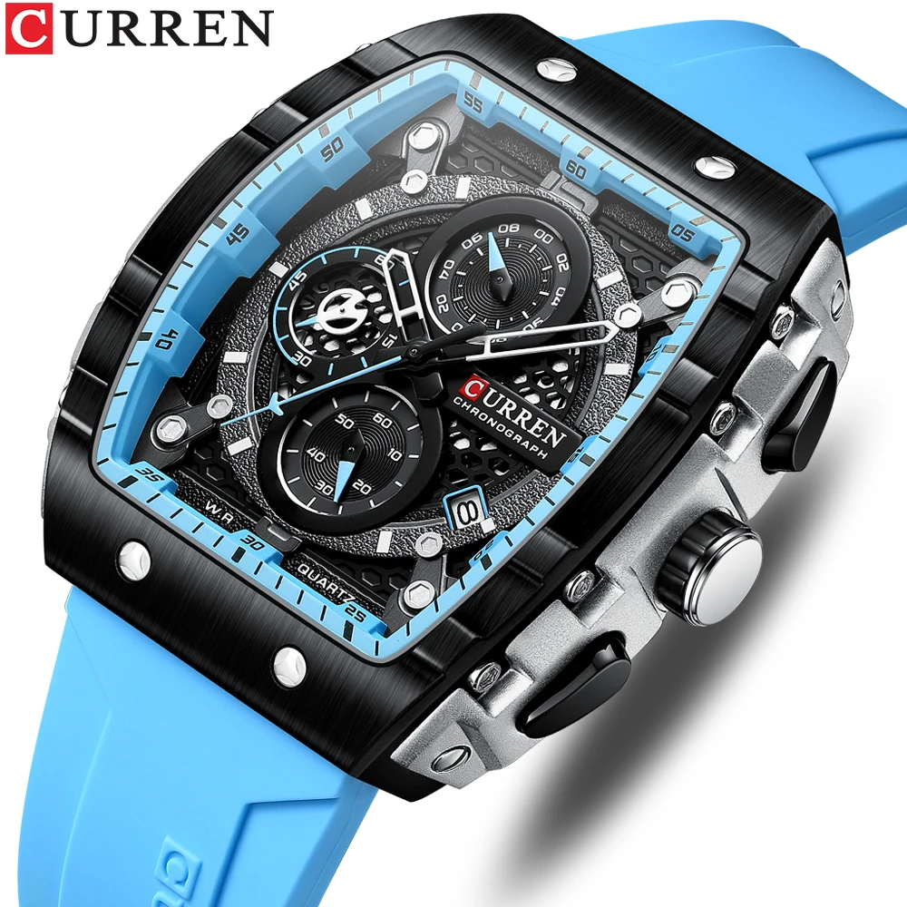 CURREN New RectangularSilicone Straps Quartz Wristwatches Men's Watches with Auto Date Casual Chronograph Clock - Image 4