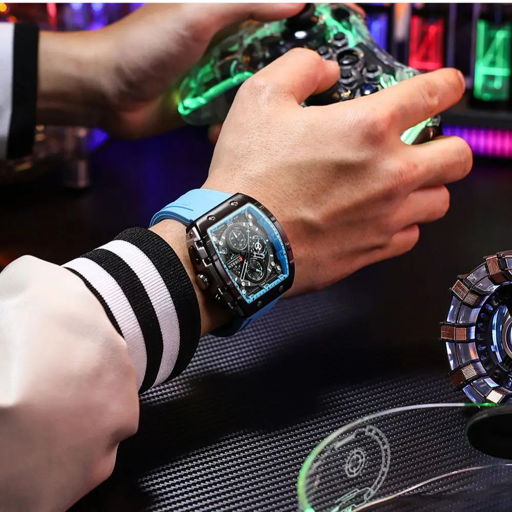 CURREN New RectangularSilicone Straps Quartz Wristwatches Men's Watches with Auto Date Casual Chronograph Clock - Image 3
