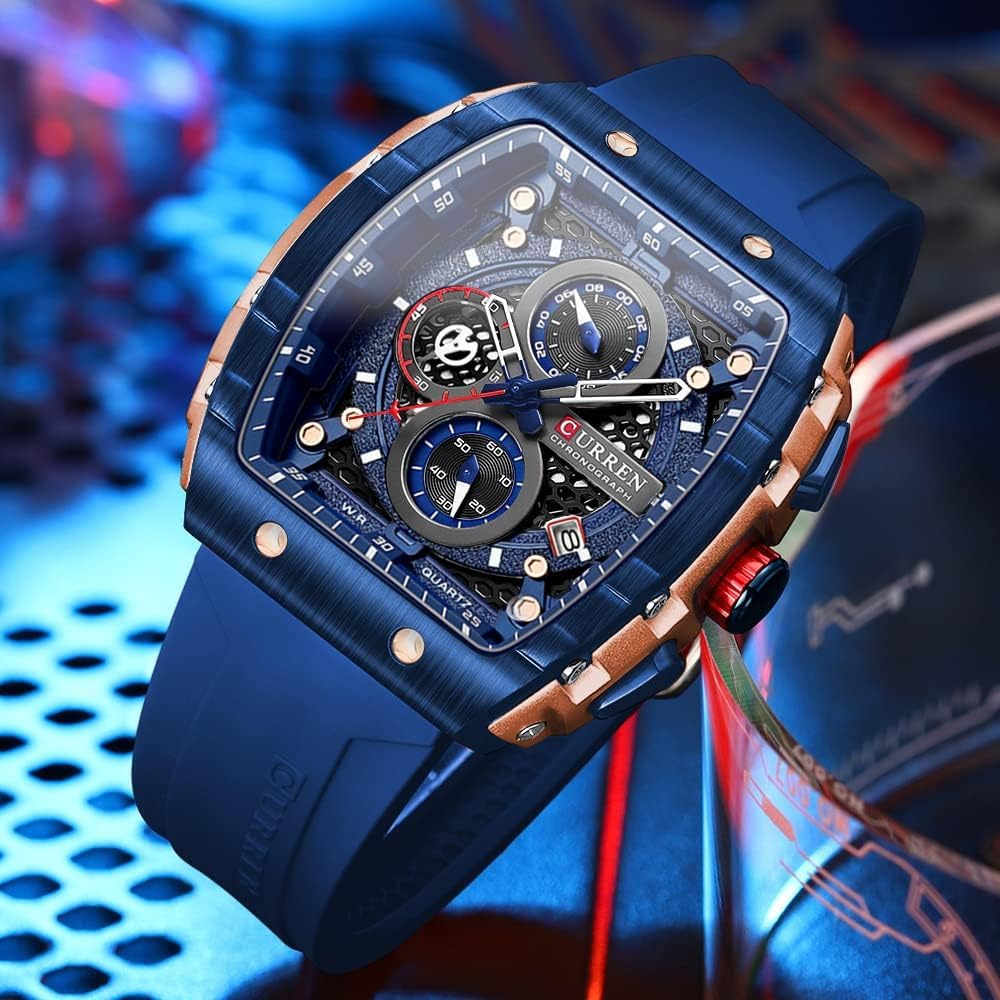 CURREN New RectangularSilicone Straps Quartz Wristwatches Men's Watches with Auto Date Casual Chronograph Clock