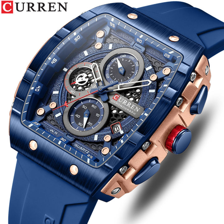 CURREN New RectangularSilicone Straps Quartz Wristwatches Men's Watches with Auto Date Casual Chronograph Clock - Image 3