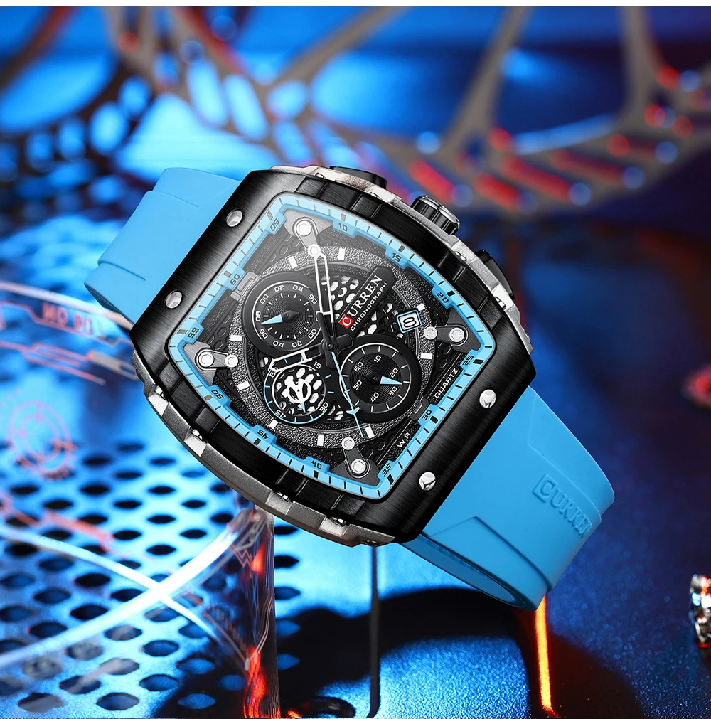 CURREN New RectangularSilicone Straps Quartz Wristwatches Men's Watches with Auto Date Casual Chronograph Clock