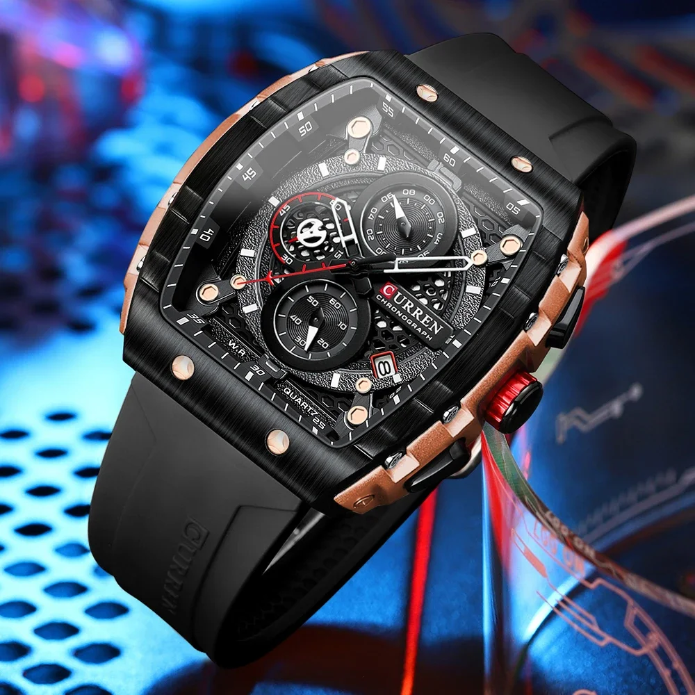 CURREN New RectangularSilicone Straps Quartz Wristwatches Men's Watches with Auto Date Casual Chronograph Clock