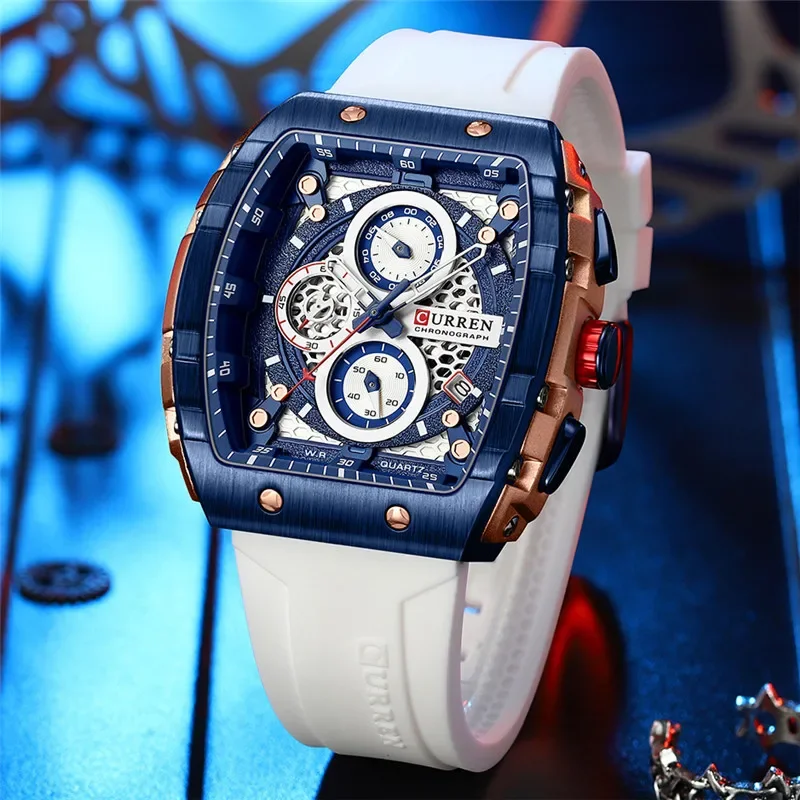 CURREN New RectangularSilicone Straps Quartz Wristwatches Men's Watches with Auto Date Casual Chronograph Clock - Image 2