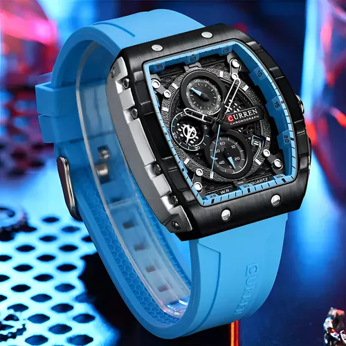 CURREN New RectangularSilicone Straps Quartz Wristwatches Men's Watches with Auto Date Casual Chronograph Clock - Image 2