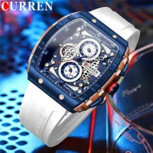 CURREN New RectangularSilicone Straps Quartz Wristwatches Men's Watches with Auto Date Casual Chronograph Clock