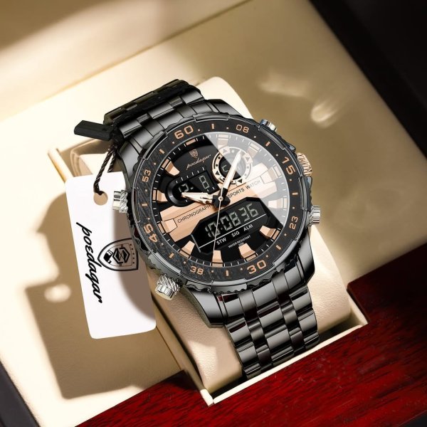 POEDAGAR E122 Luxury LED Men’s Watch Dual Time Digital Display Waterproof Date Male Electronic Stainless Steel Watch - Image 2