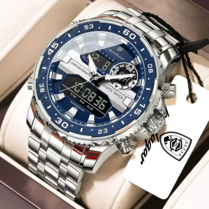 POEDAGAR E122 Luxury LED Men’s Watch Dual Time Digital Display Waterproof Date Male Electronic Stainless Steel Watch