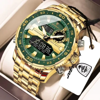 POEDAGAR E122 Luxury LED Men’s Watch Dual Time Digital Display Waterproof Date Male Electronic Stainless Steel Watch