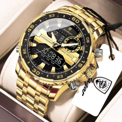POEDAGAR E122 Luxury LED Men’s Watch Dual Time Digital Display Waterproof Date Male Electronic Stainless Steel Watch