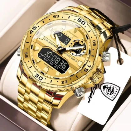 POEDAGAR E122 Luxury LED Men’s Watch Dual Time Digital Display Waterproof Date Male Electronic Stainless Steel Watch