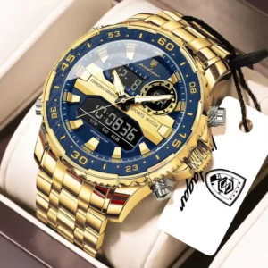 POEDAGAR E122 Luxury LED Men’s Watch Dual Time Digital Display Waterproof Date Male Electronic Stainless Steel Watch