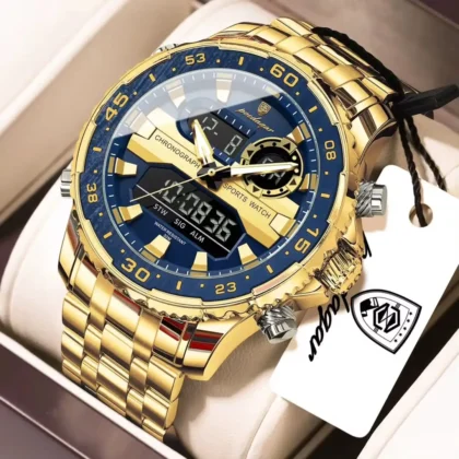 POEDAGAR E122 Luxury LED Men’s Watch Dual Time Digital Display Waterproof Date Male Electronic Stainless Steel Watch