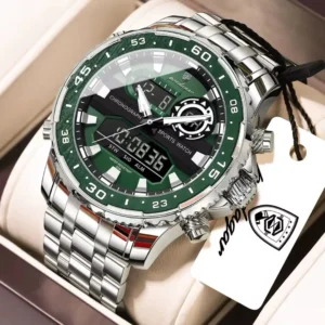 POEDAGAR E122 Luxury LED Men’s Watch Dual Time Digital Display Waterproof Date Male Electronic Stainless Steel Watch