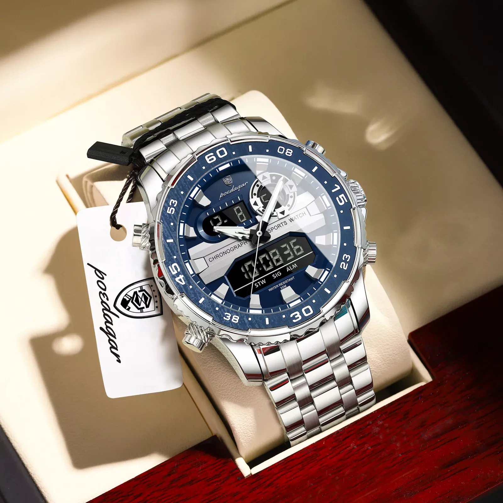 POEDAGAR E122 Luxury LED Men’s Watch Dual Time Digital Display Waterproof Date Male Electronic Stainless Steel Watch - Image 2