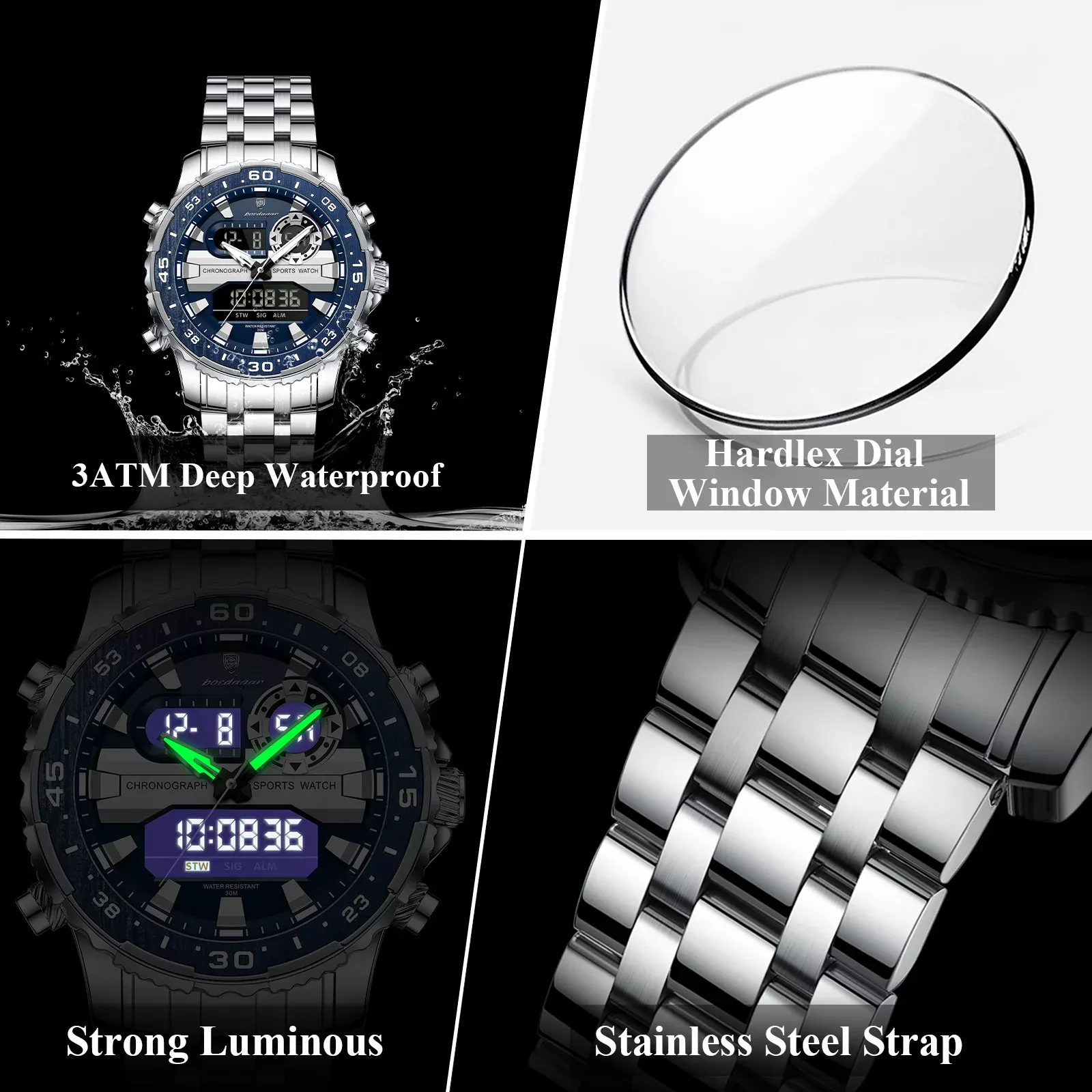 POEDAGAR E122 Luxury LED Men’s Watch Dual Time Digital Display Waterproof Date Male Electronic Stainless Steel Watch - Image 3