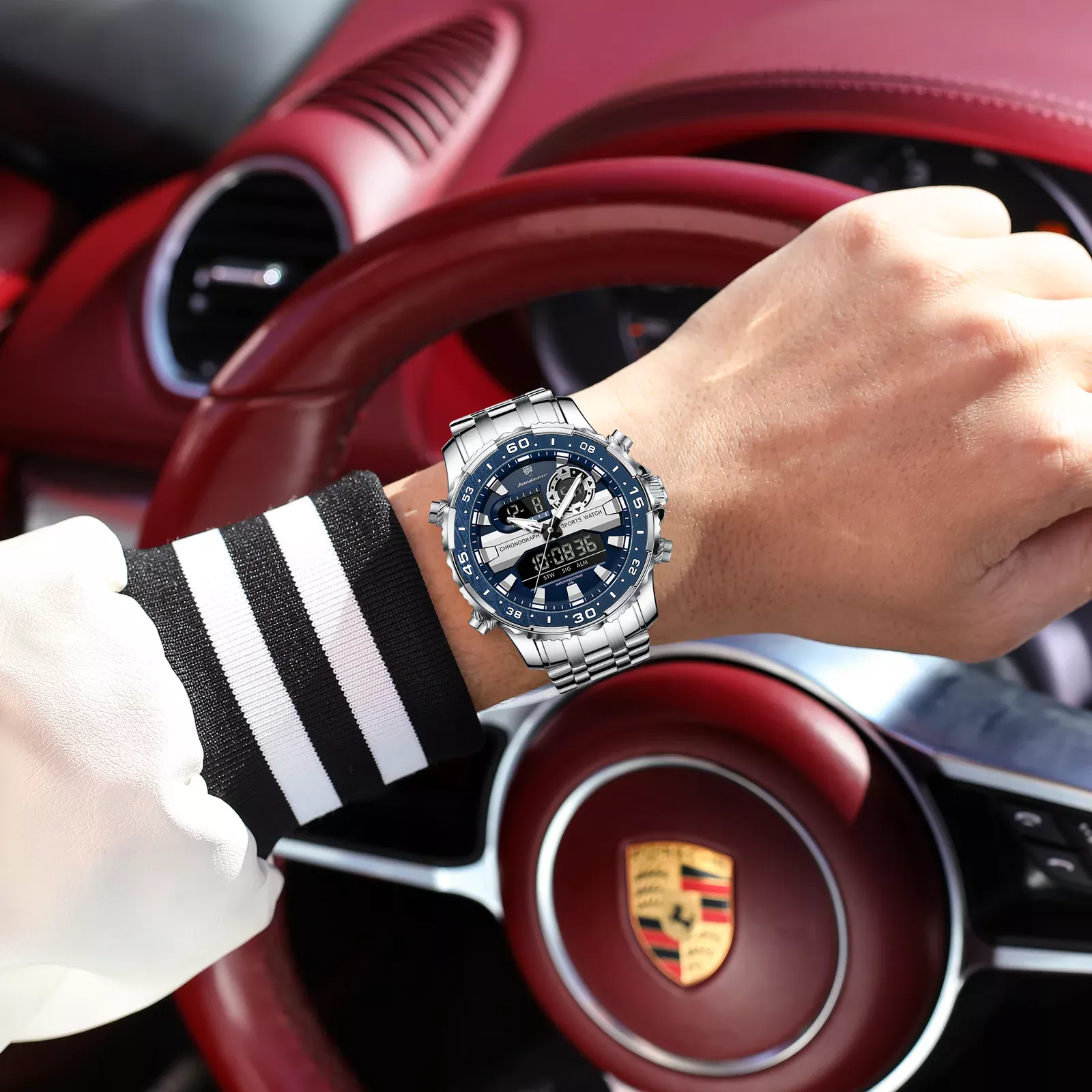 POEDAGAR E122 Luxury LED Men’s Watch Dual Time Digital Display Waterproof Date Male Electronic Stainless Steel Watch - Image 4