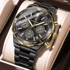 POEDAGAR 697 Luxury Stainless Steel Chronograph Watch for Men Waterproof Luminous Quartz Watch