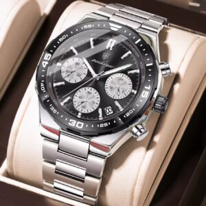 POEDAGAR 697 Luxury Stainless Steel Chronograph Watch for Men Waterproof Luminous Quartz Watch