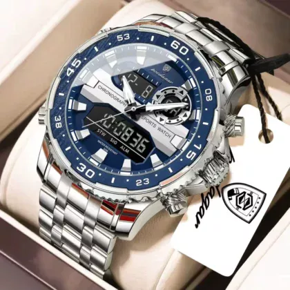 POEDAGAR E122 Luxury LED Men’s Watch Dual Time Digital Display Waterproof Date Male Electronic Stainless Steel Watch