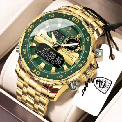 POEDAGAR E122 Luxury LED Men’s Watch Dual Time Digital Display Waterproof Date Male Electronic Stainless Steel Watch